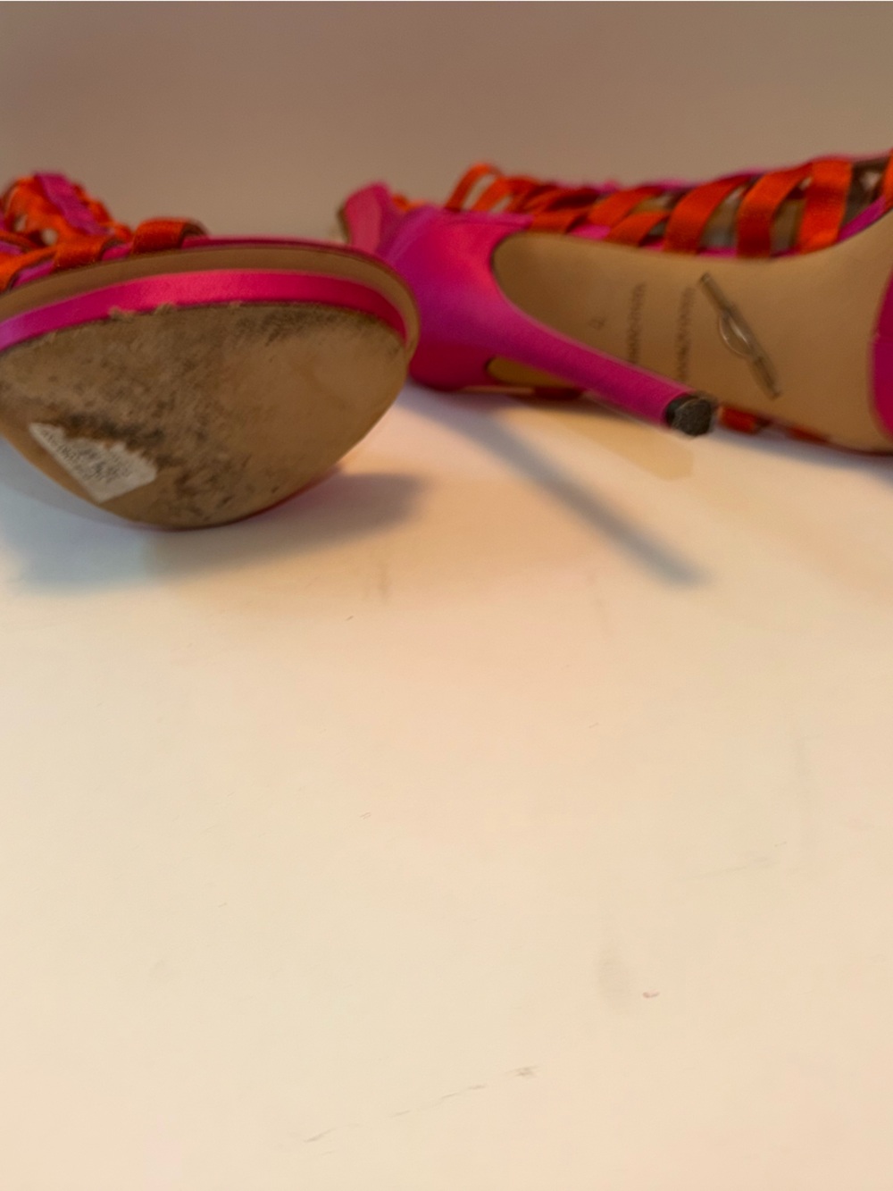Brian Atwood Hot Pink & Orange Strappy Stiletto Heels - Picture 4 of 4
